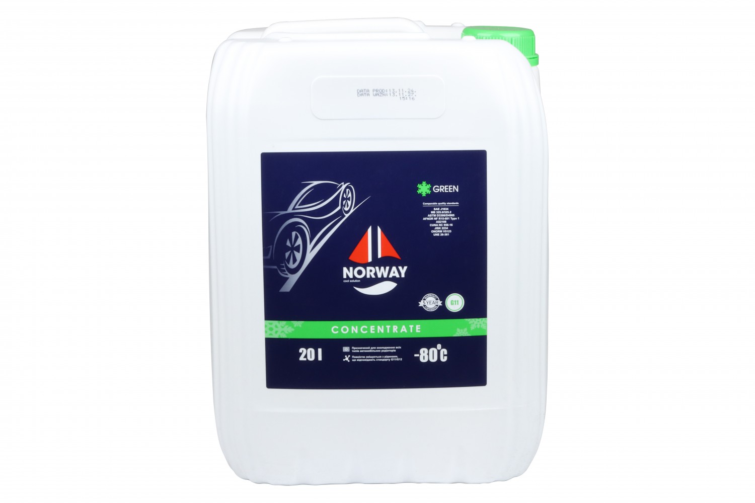 КОНЦЕНТРАТ АВТОРІДИНИ ОХОЛОДЖУЮЧОЇ «АНТИФРИЗ NORWAY G 11 -80°С» (ЗЕЛЕНИЙ) 20Л.